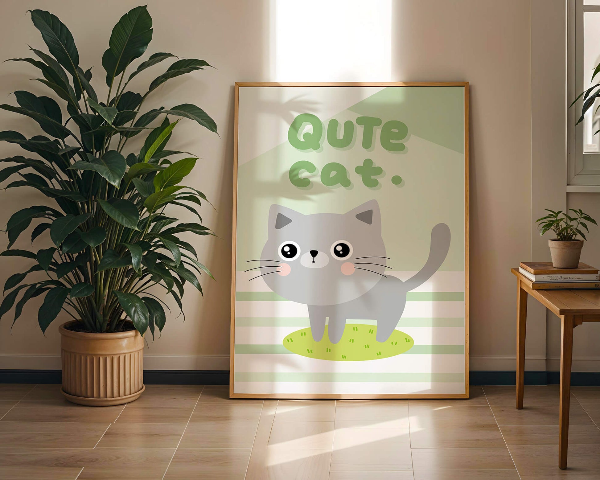Adorable cartoon cat illustration on pastel background