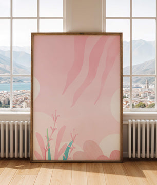 Diseño floral abstracto en rosa suave con hojas estilizadas y ondas