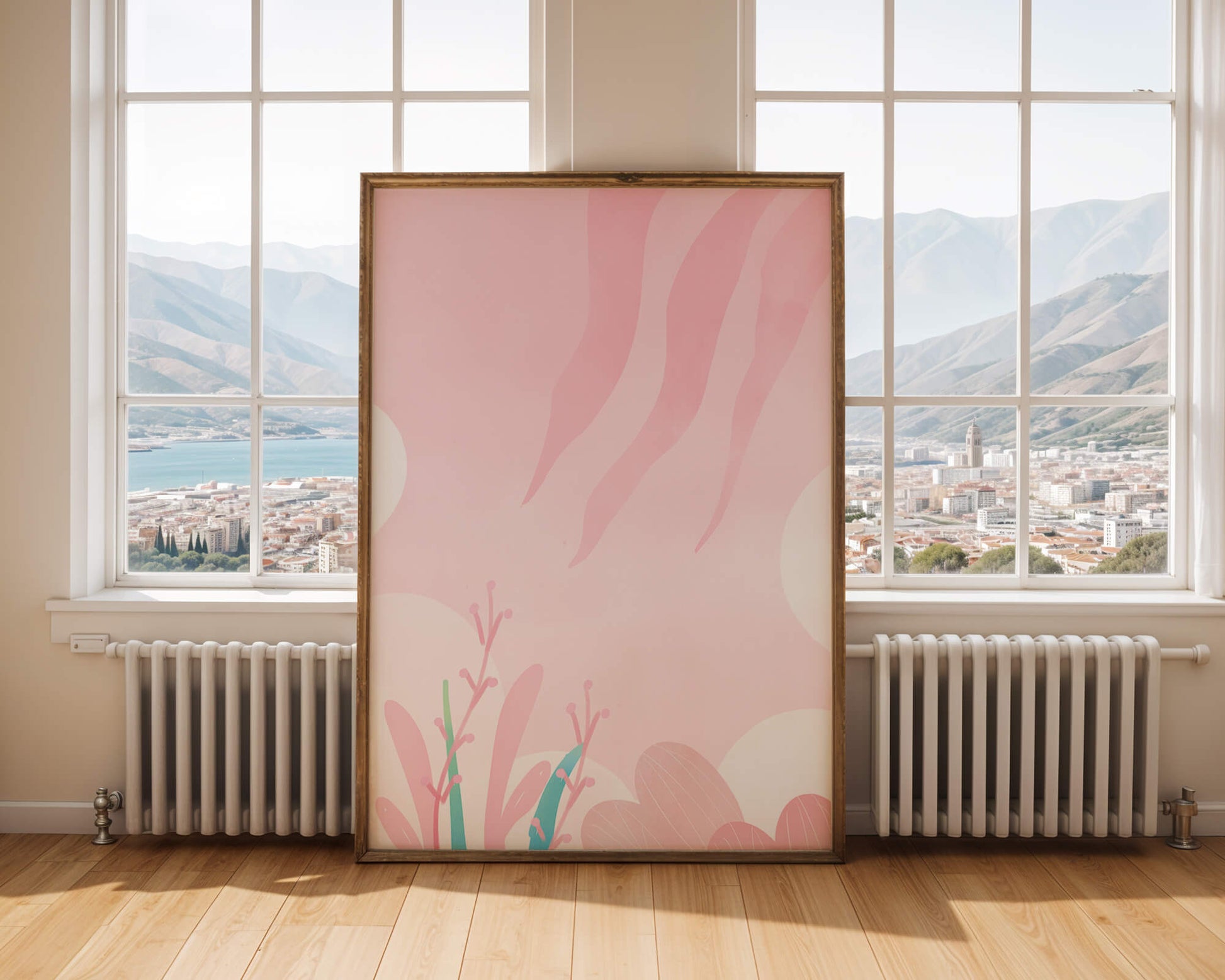 Soft Pink Abstract Floral Design with Stylized Leaves and Waves