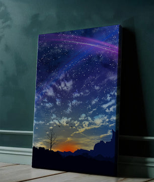 Starlit night sky with colorful sunset and silhouetted landscape