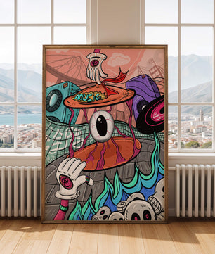 Ilustración abstracta surrealista colorida con un ojo vívido y elementos surrealistas