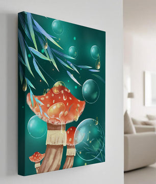 Whimsical forest scene with mushrooms and glowing bubbles
