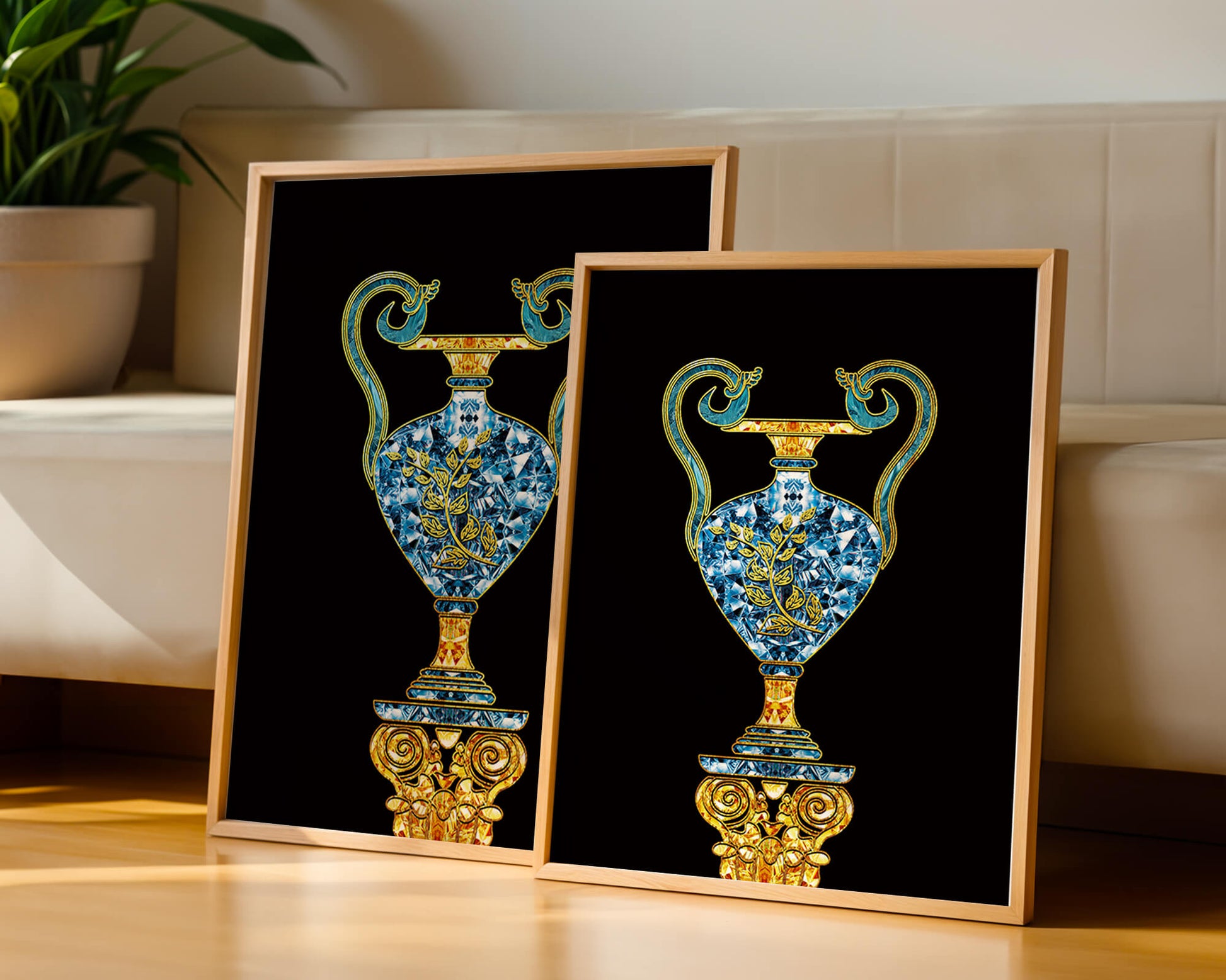 Elegante jarrón con incrustaciones de joyas y detalles dorados y azules sobre fondo negro