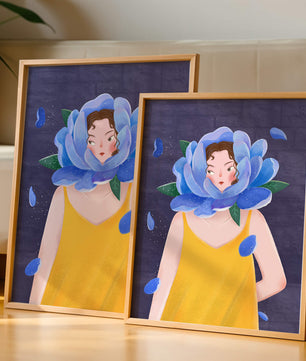 Illustration of woman with blue flower head and yellow dress