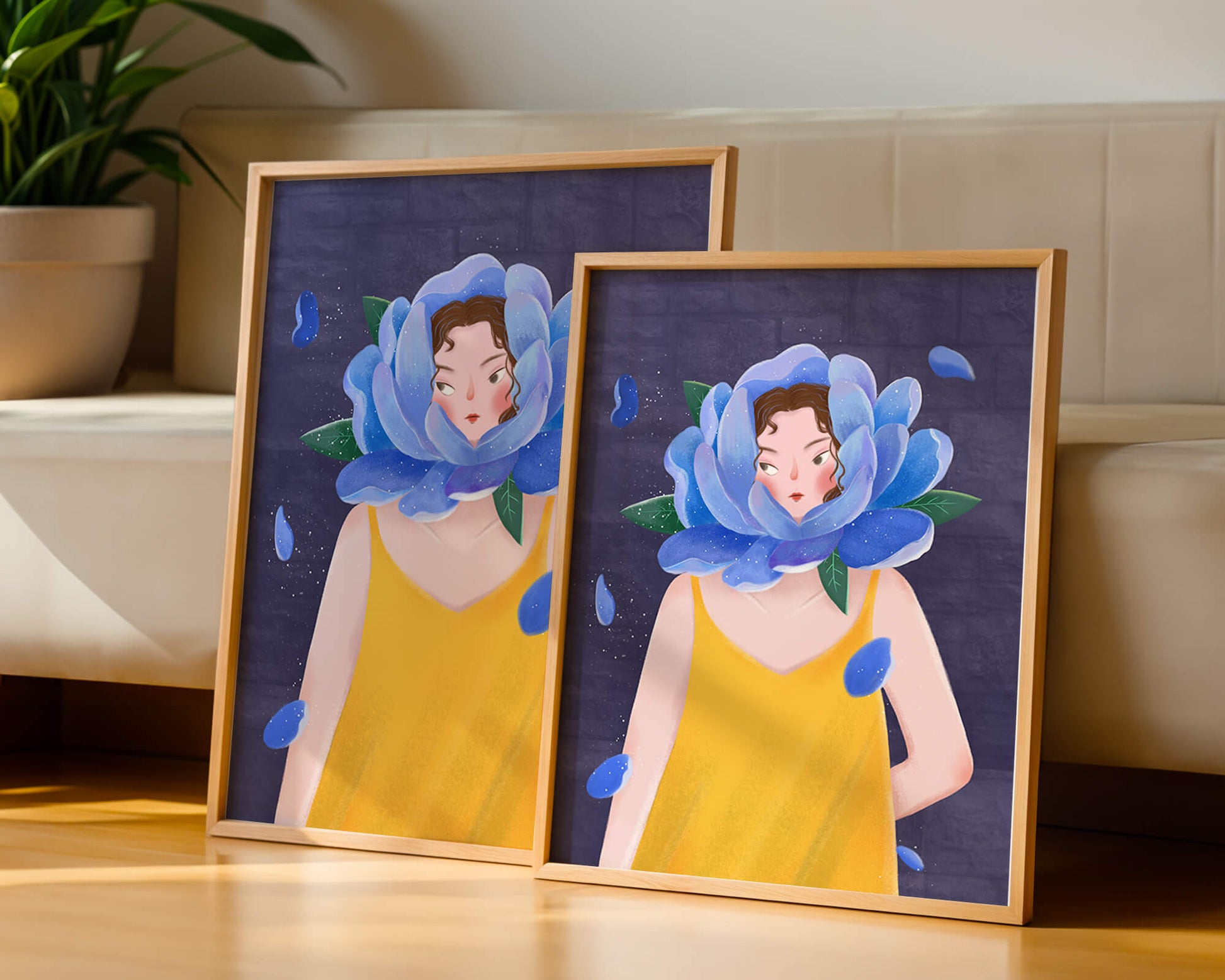 Illustration of woman with blue flower head and yellow dress