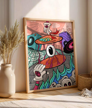 Ilustración abstracta surrealista colorida con un ojo vívido y elementos surrealistas