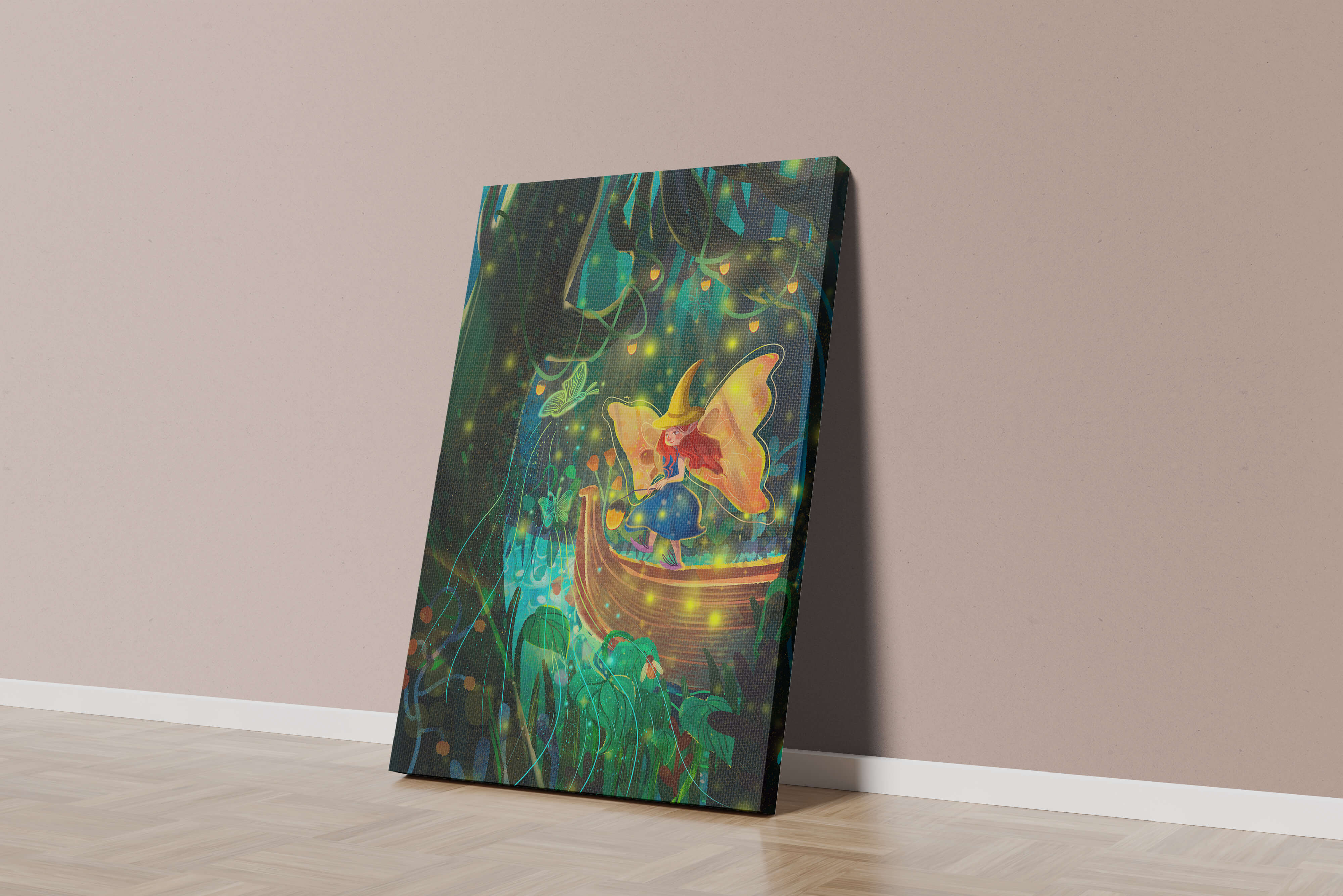 Fairy in an enchanted forest with glowing butterflies and lanterns