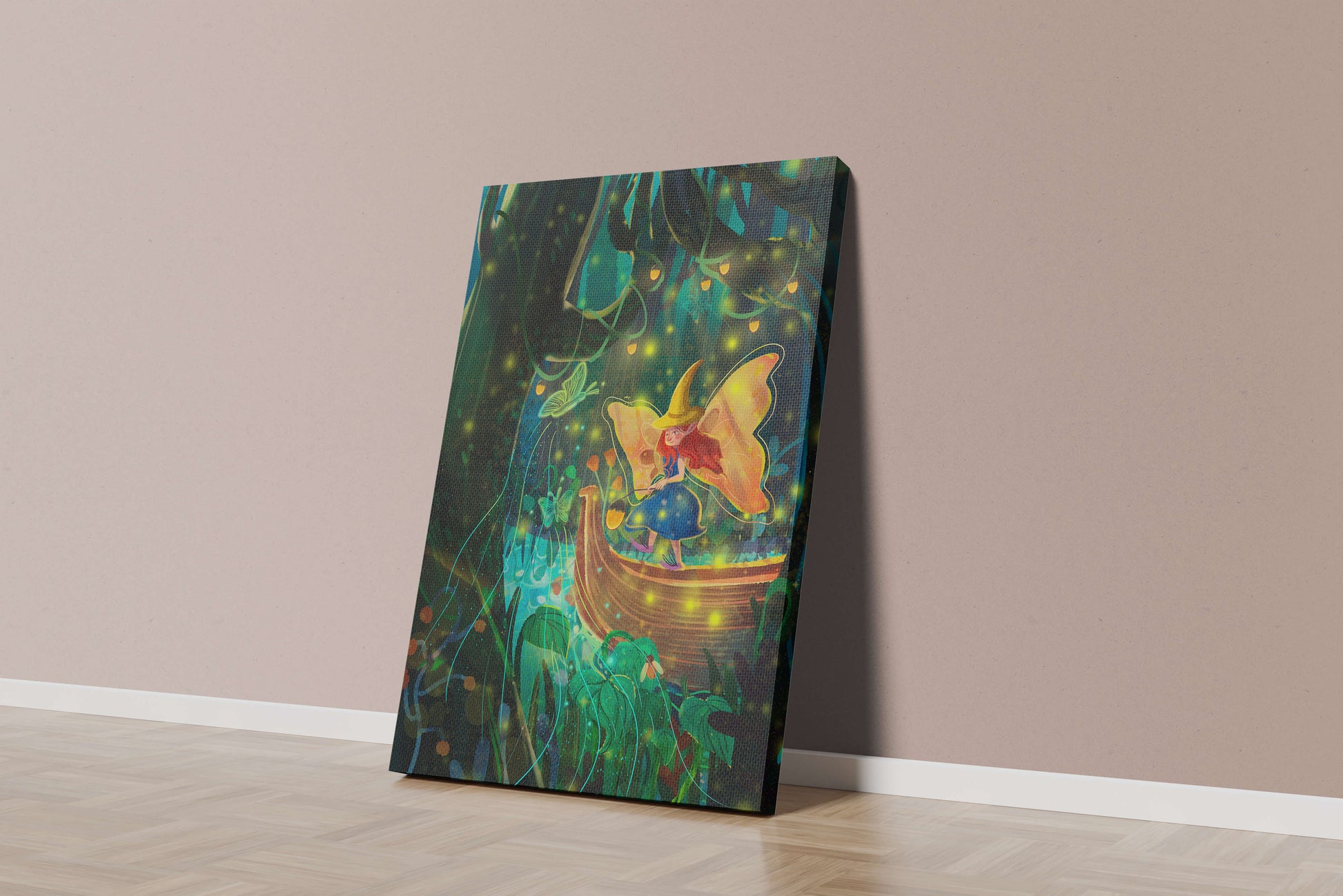 Fairy in an enchanted forest with glowing butterflies and lanterns