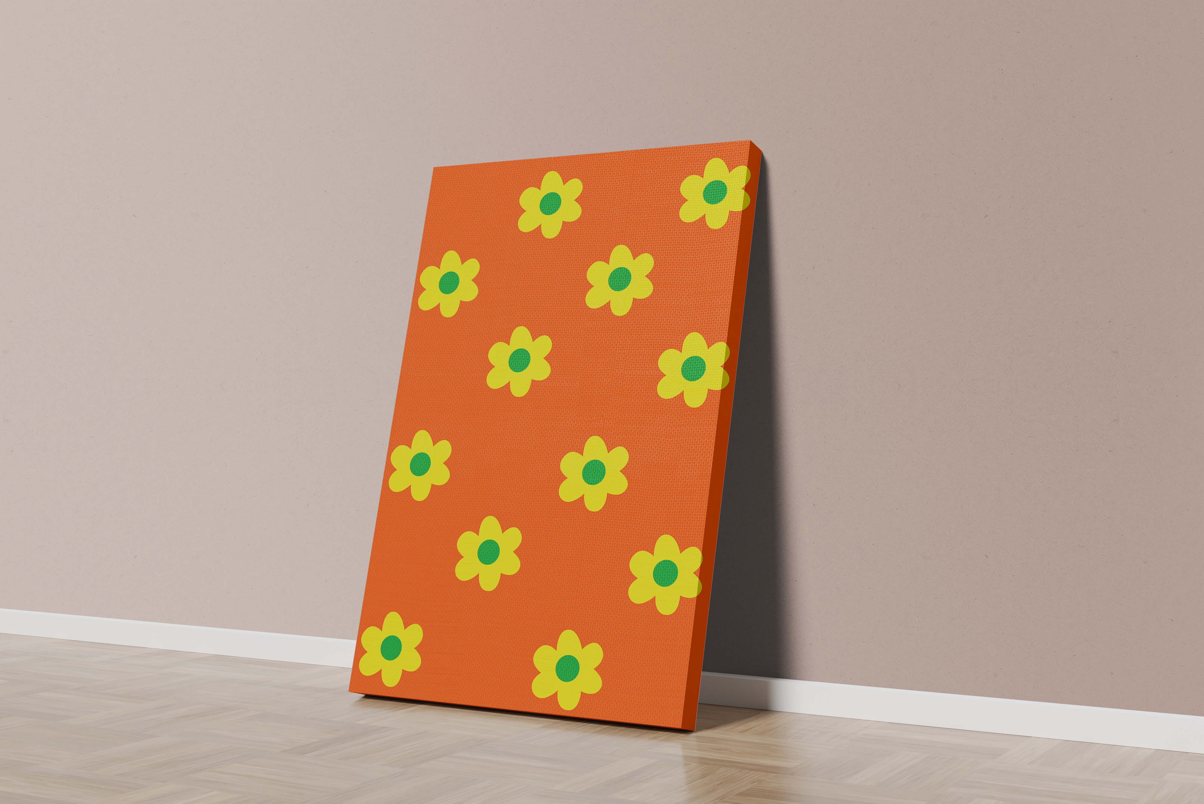 Colorful floral pattern with yellow flowers on orange background