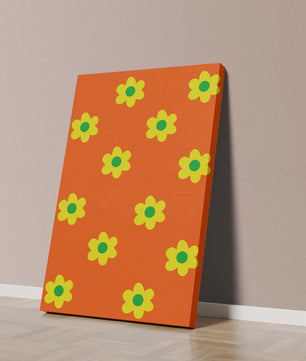 Buntes Blumenmuster mit gelben Blumen auf orangefarbenem Hintergrund