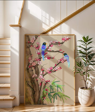 Illustration sereine d’oiseaux sur des branches en fleurs avec des feuilles de bambou