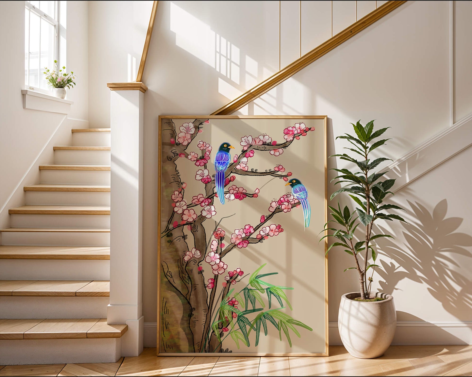 Illustration sereine d’oiseaux sur des branches en fleurs avec des feuilles de bambou
