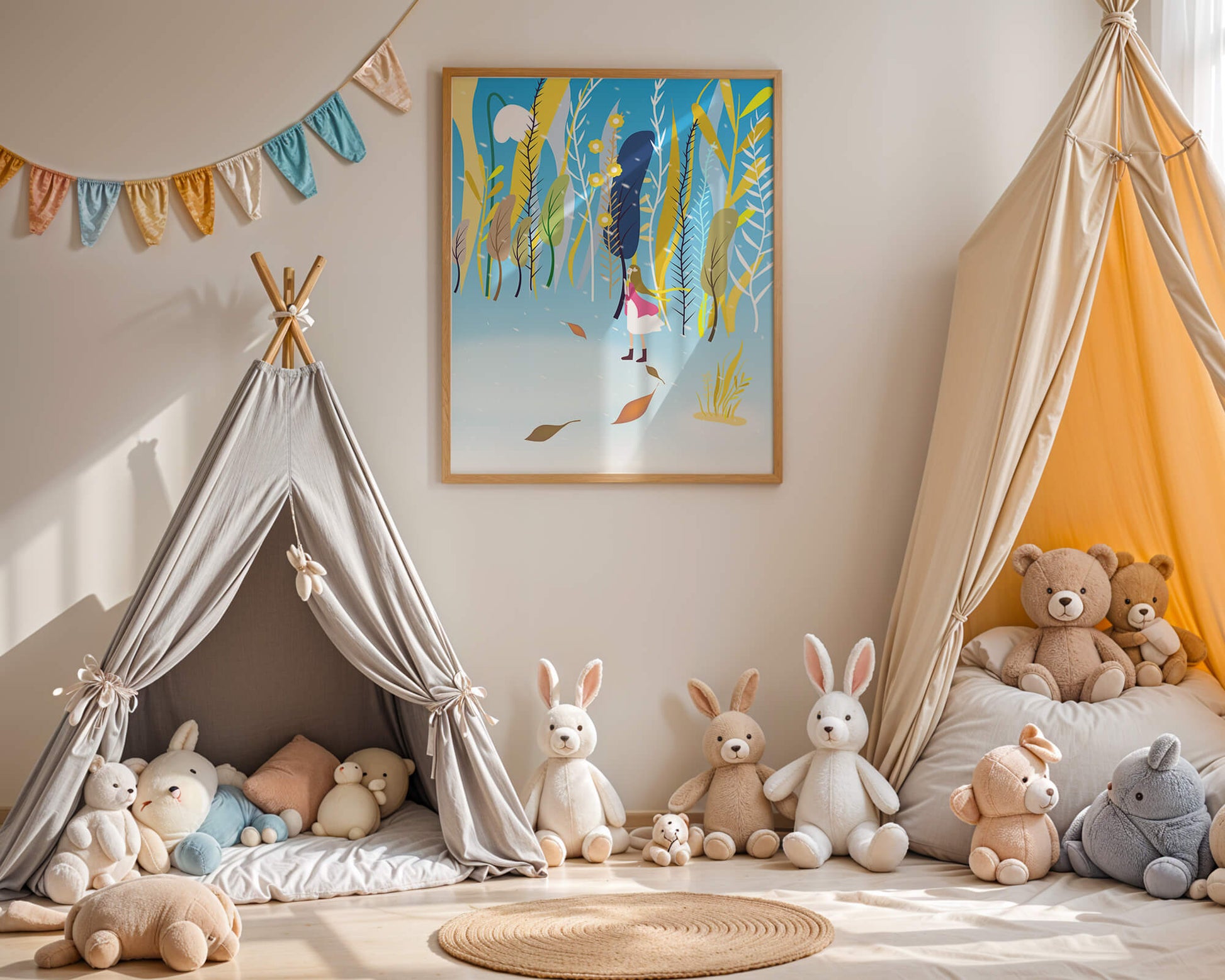 Ilustración caprichosa de una niña en un bosque abstracto vibrante