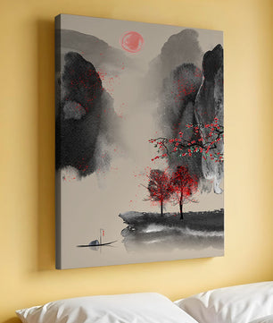 Serene landscape with red foliage and misty mountains