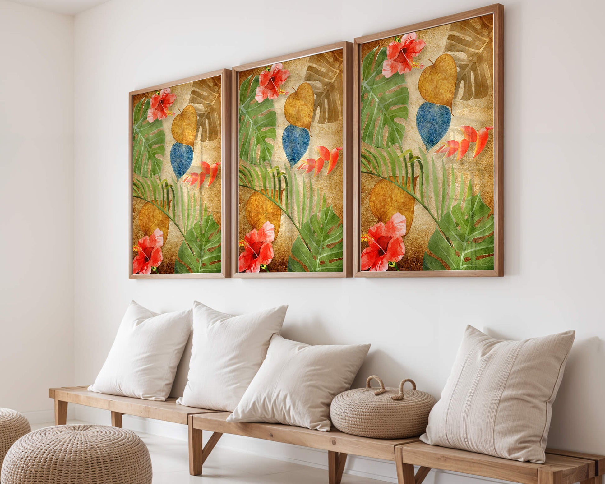 Vibrant tropical leaves and flowers watercolor design
