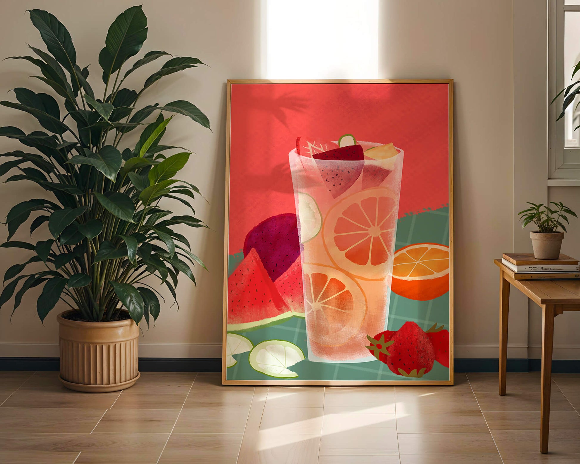 Ilustración de cóctel de frutas refrescante con cítricos y sandía.