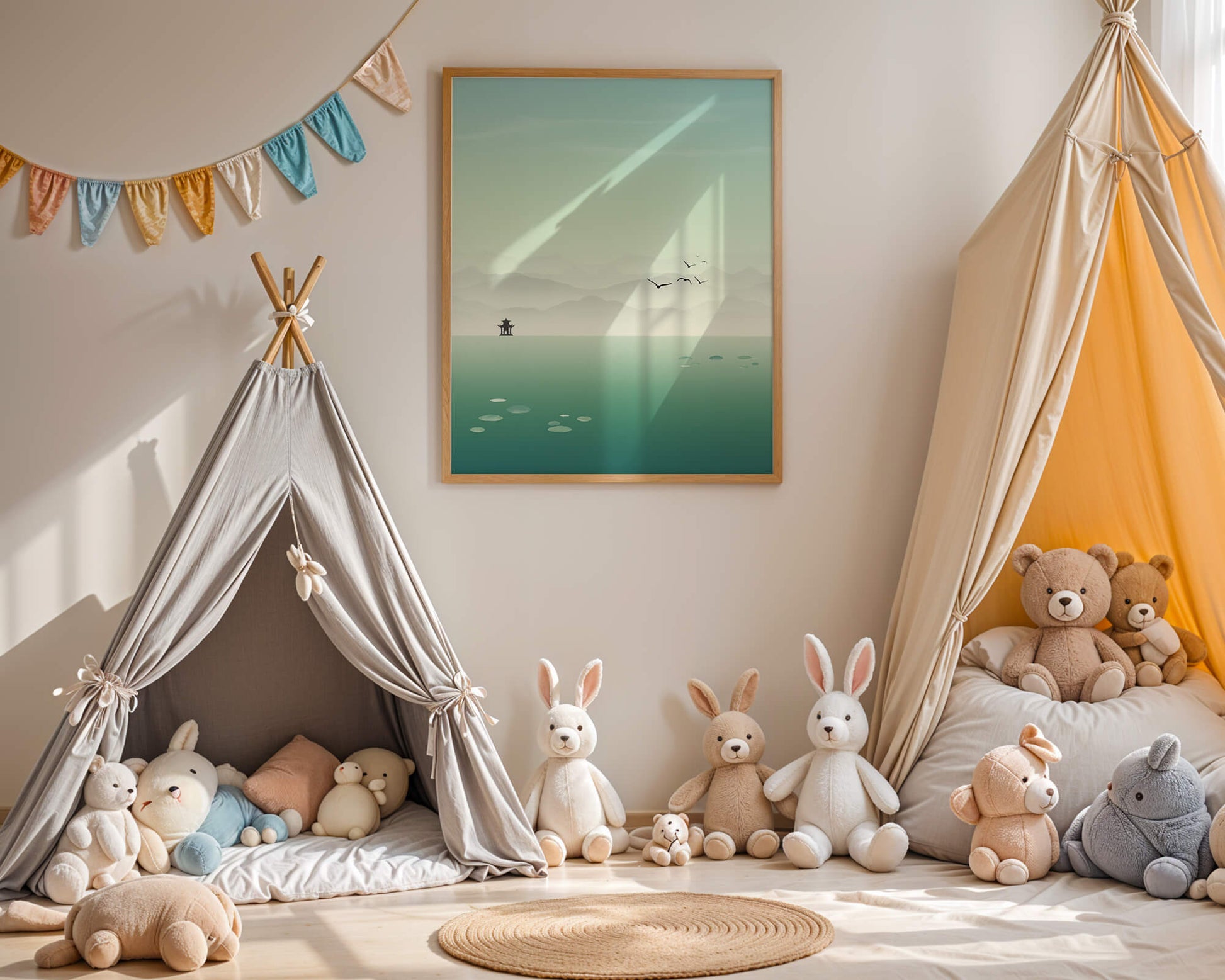 Serene landscape with pagoda and birds over a misty lake