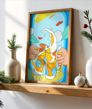 Colorful Illustration of Two Clinking Beer Mugs with Ice Cubes and Citrus Slices
