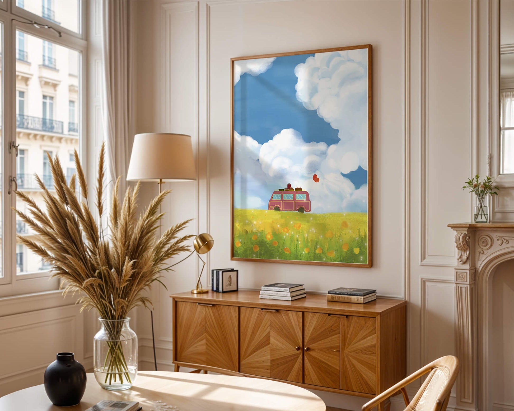 Colorful Van in a Vibrant Field with Balloons and Luggage