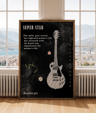 Ilustración de guitarra en blanco y negro artística con texto conmovedor