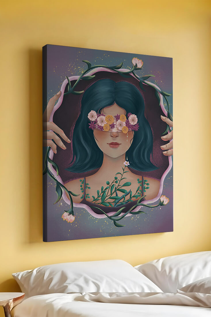 Retrato encantador de una mujer con ojos florales y cabello oscuro