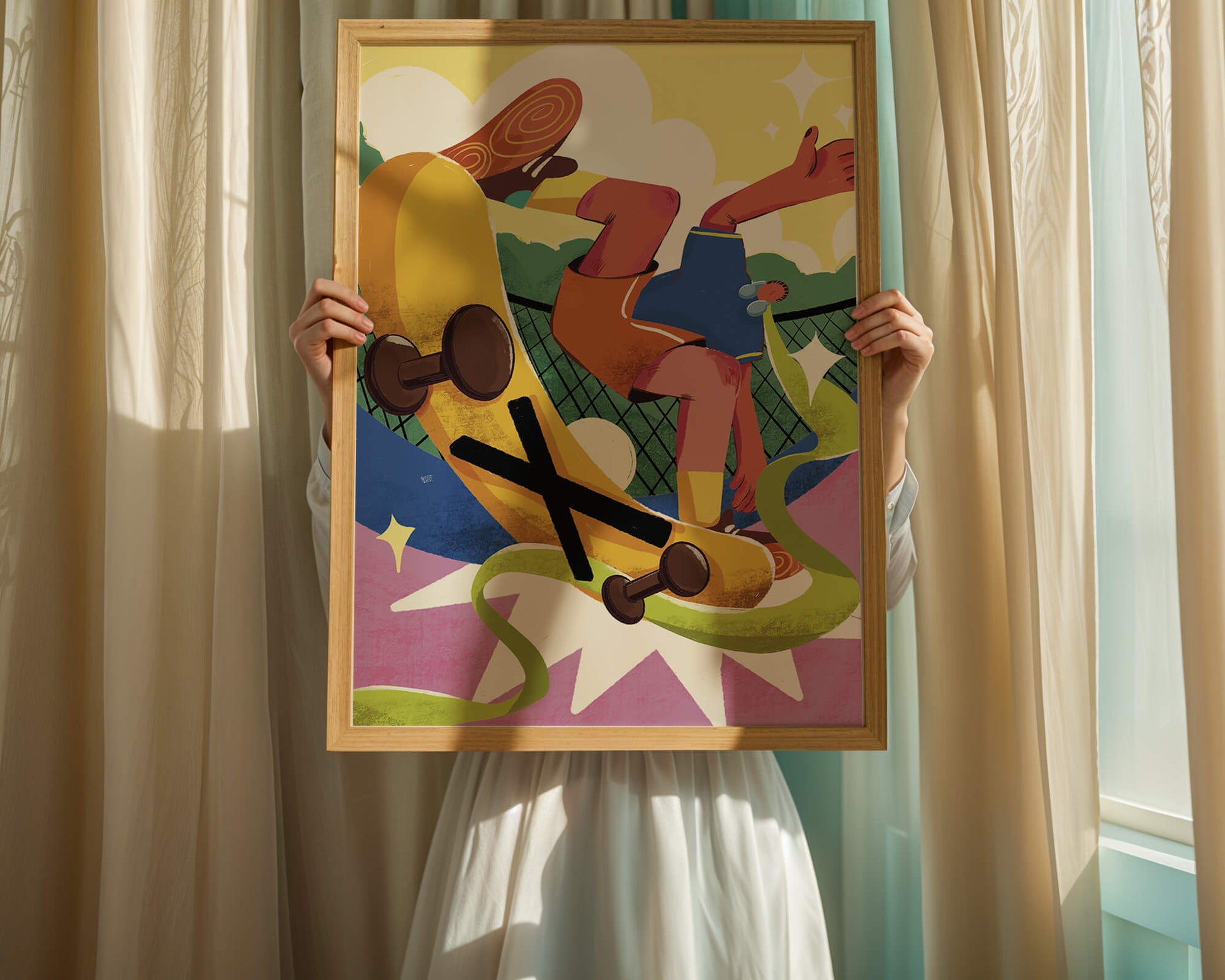 Ilustración abstracta colorida con un skater en movimiento dinámico