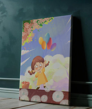 Whimsical illustration of a girl with balloons under vibrant pink blossoms
