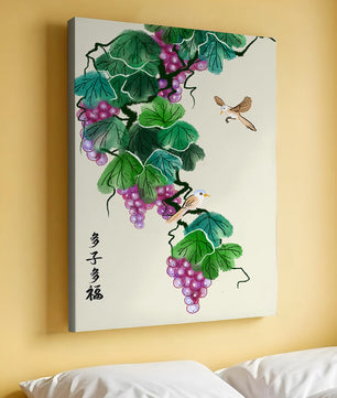 Watercolor grapevine and birds illustration with traditional art style