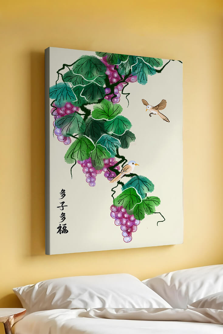 Watercolor grapevine and birds illustration with traditional art style