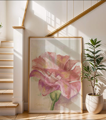 Beautiful pink flower painting with golden accents