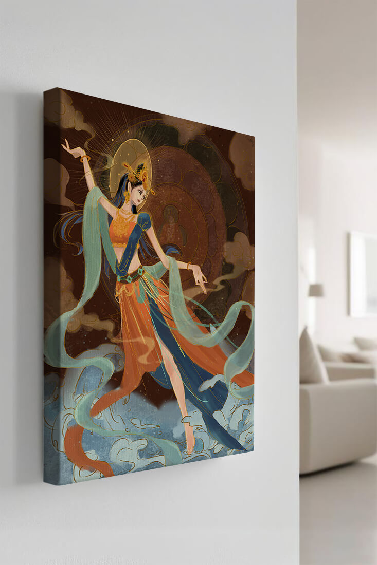 Representación elegante de una bailarina etérea con un vibrante atuendo tradicional.