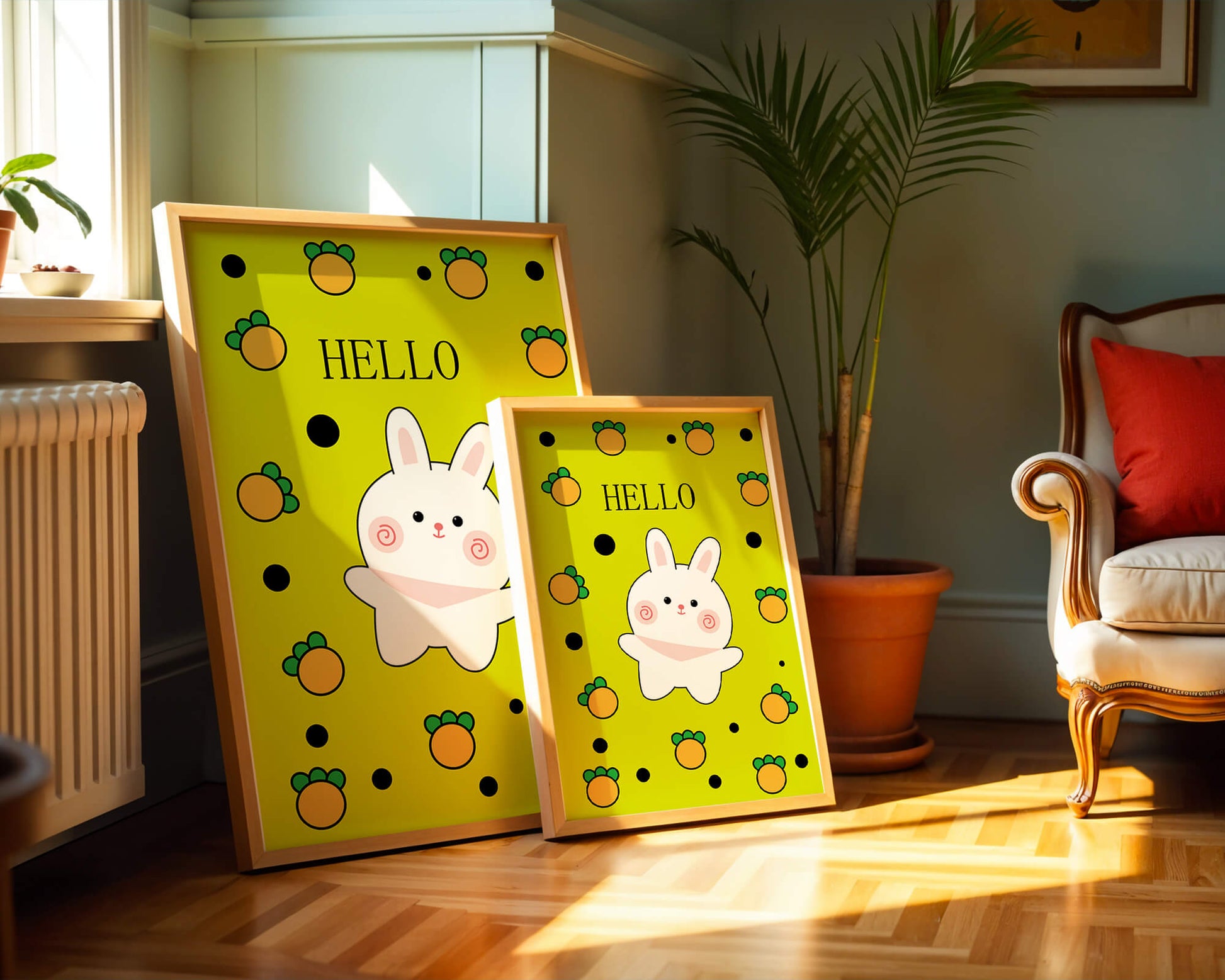 Charming rabbit cartoon illustration on yellow background with orange elements