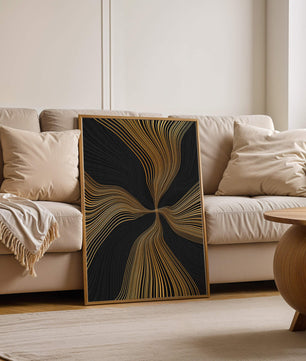Líneas doradas abstractas sobre fondo negro con flujo dinámico