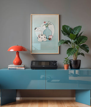 Cute Cat with Flowers, Cup, and Vase on Blue Background - Mi tienda