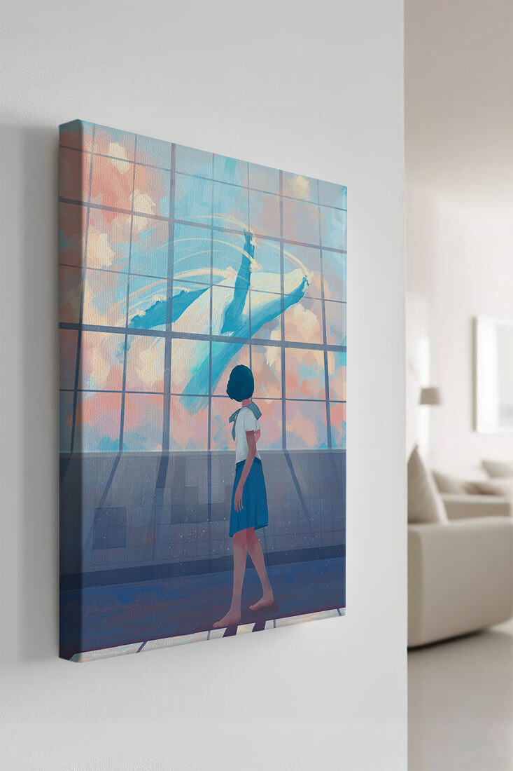 Young girl looking at a giant whale through a large window