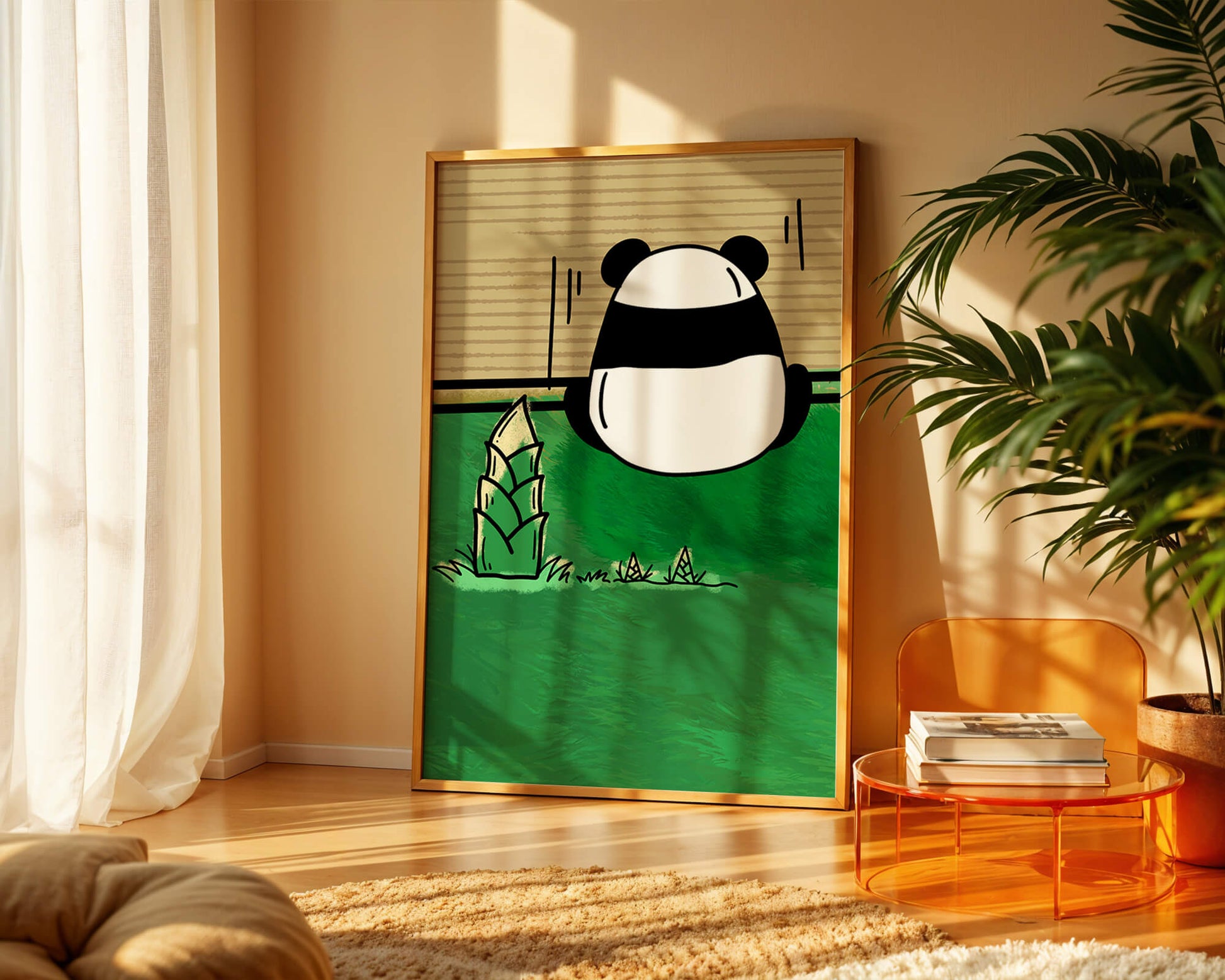 Whimsical panda in a green bamboo forest background