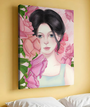 Illustration d'une femme entourée de roses roses