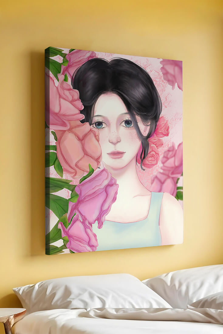 Illustration of a woman surrounded by pink roses