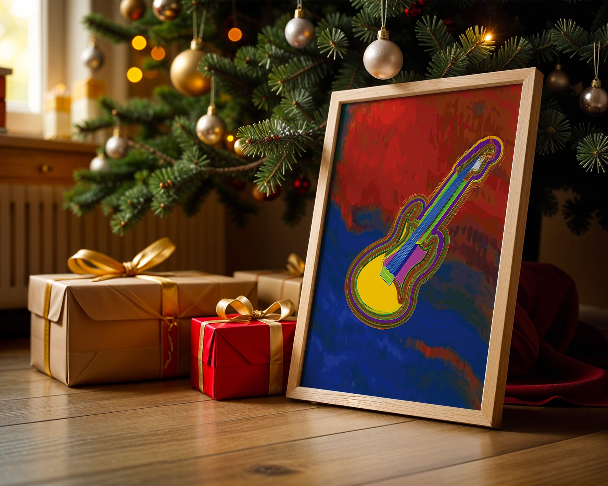 Vibrant abstract guitar illustration with bold colors