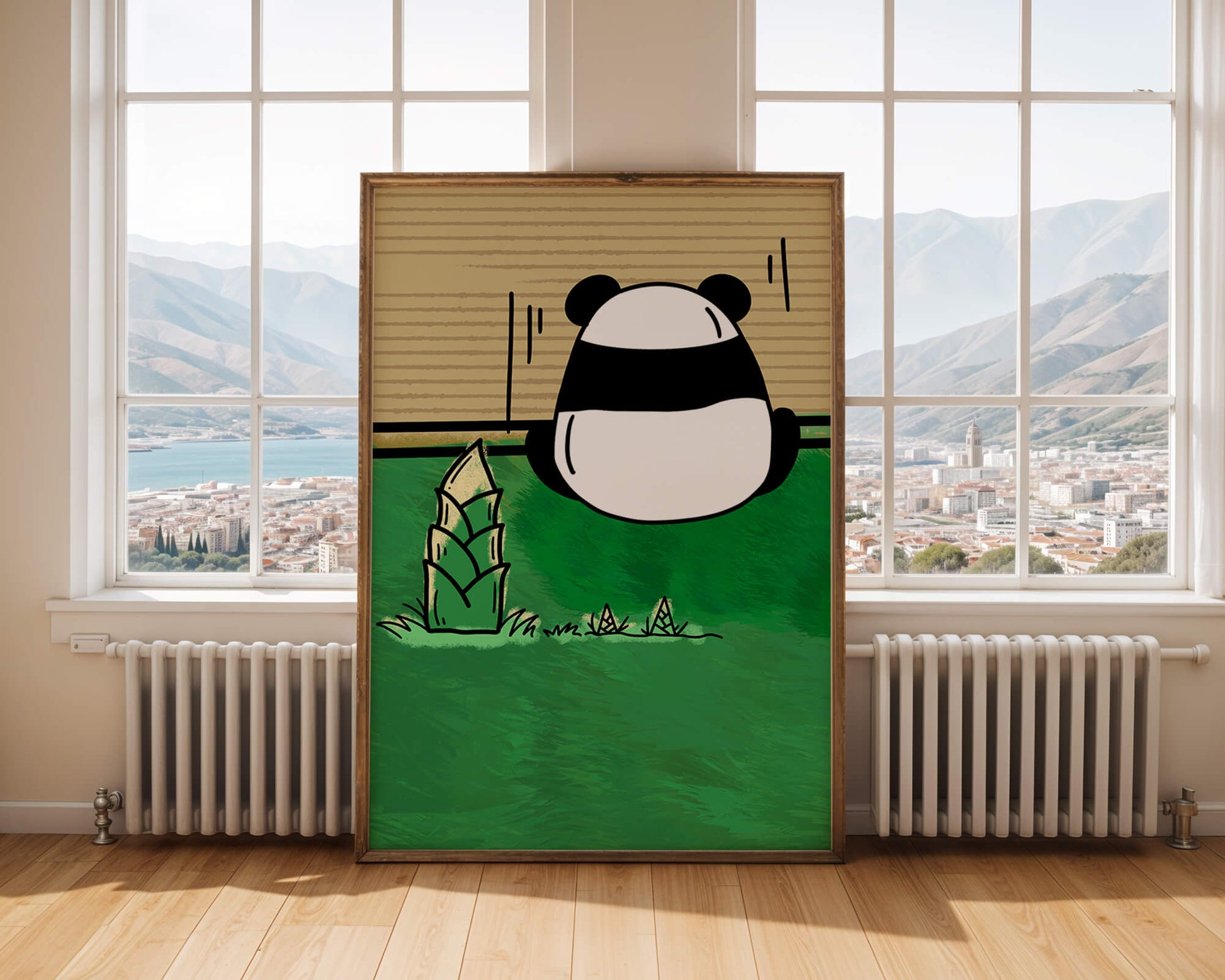 Whimsical panda in a green bamboo forest background
