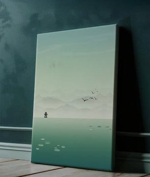 Paisaje sereno con pagoda y aves sobre un lago brumoso