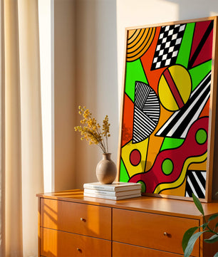 Vibrant geometric abstract artwork with bold colors and shapes