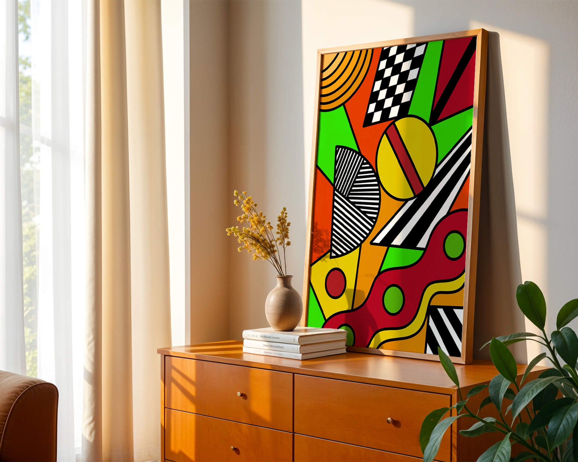 Vibrant geometric abstract artwork with bold colors and shapes