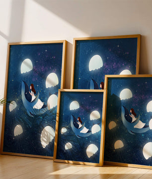 Dreamlike scene of a girl riding a whale among jellyfish in space