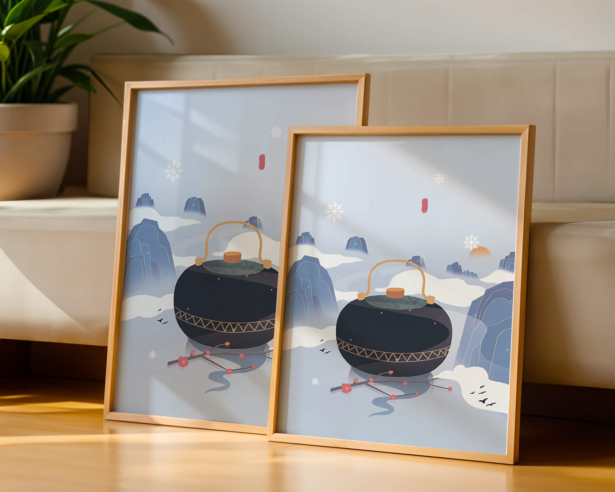 Peaceful winter landscape with kettle and cherry blossoms