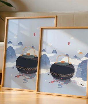 Peaceful winter landscape with kettle and cherry blossoms
