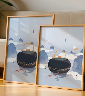 Peaceful winter landscape with kettle and cherry blossoms