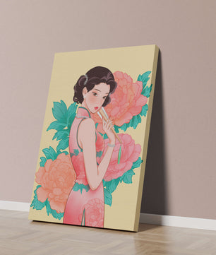 Elegant woman in traditional dress with floral background