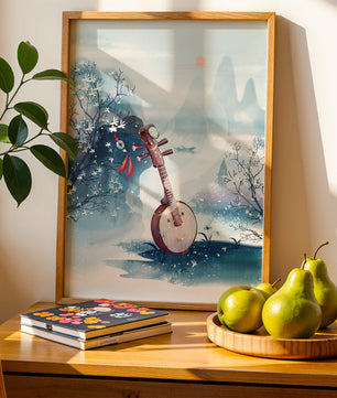 Paisaje tradicional chino con instrumento musical y flores