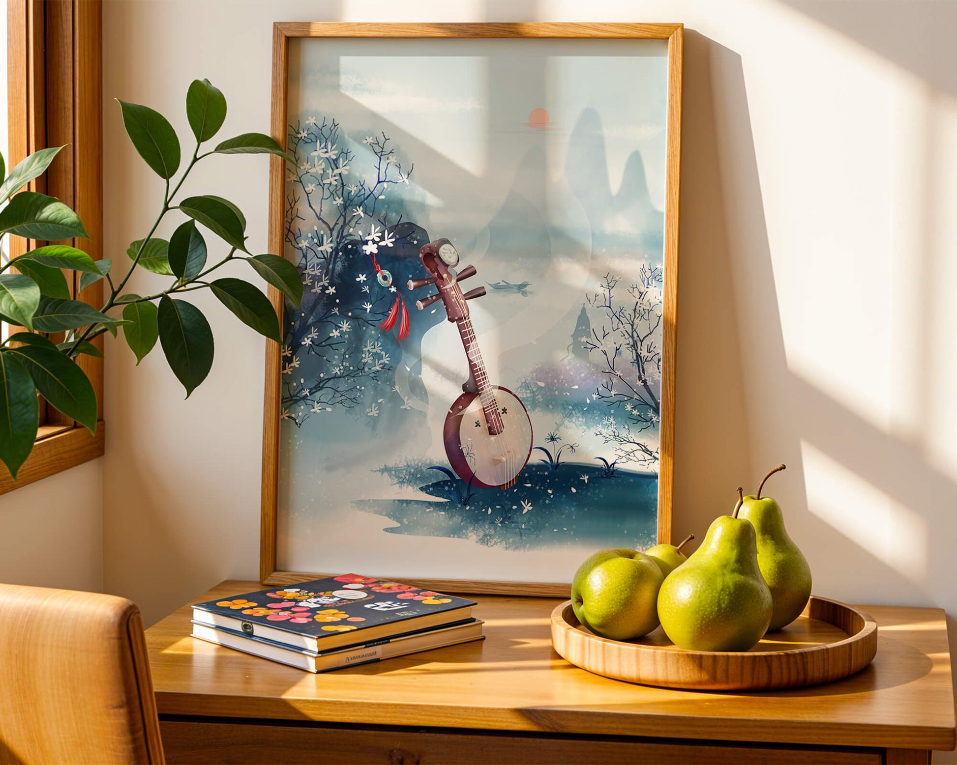 Paisaje tradicional chino con instrumento musical y flores